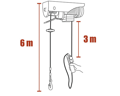 Schéma technique d'un treuil électrique d'une hauteur de levage de six mètres et d'une longueur de câble de trois mètres.