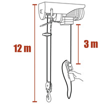 Dessin d'un palan électrique avec une hauteur de levage de 12 mètres et une longueur de câble de commande de 3 mètres