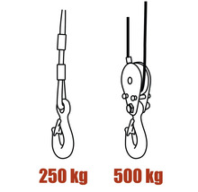 Zeichnung eines Lasthakens mit einer Traglast von 250 Kilogramm und eines Lasthakens mit einer Traglast von 500 Kilogramm