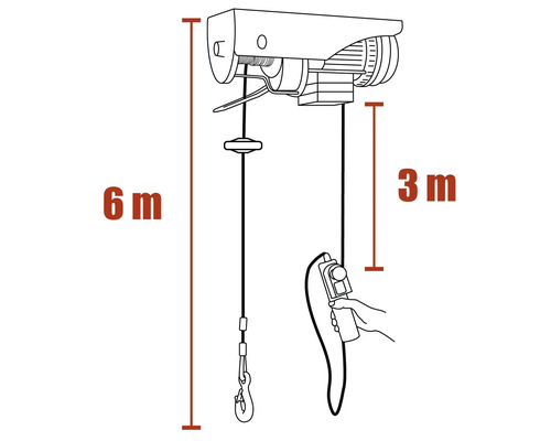 Zeichnung eines elektrischen Seilzugs mit einer Hubhöhe von 6 Metern und einer Steuerungskabellänge von 3 Metern.
