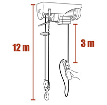 Zeichnung einer elektrischen Seilwinde mit einer Seillänge von 12 Metern und einer Steuerkabellänge von 3 Metern.