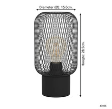 Schwarze Tischleuchte aus Metalldraht mit Glühbirne und den Maßen Durchmesser 15 Zentimeter und Höhe 28,5 Zentimeter.