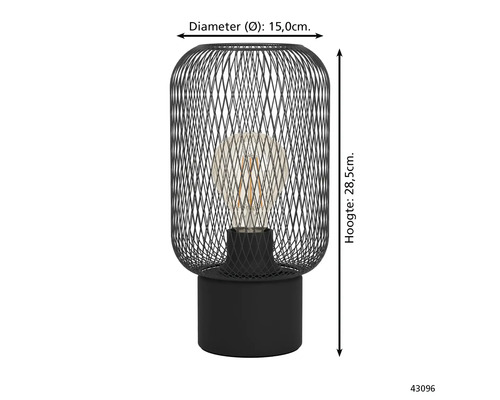 Schwarze Tischleuchte aus Metalldraht mit Glühbirne und den Maßen Durchmesser 15 Zentimeter und Höhe 28,5 Zentimeter.