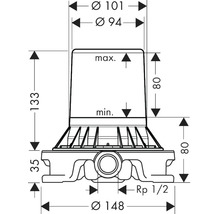 Dessin coté d'un siphon avec indications de diamètre et de hauteur.