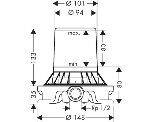 Dessin coté d'un siphon avec indications de diamètre et de hauteur.