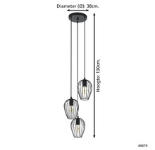 Suspension avec trois lampes en cage, diamètre 38 cm, hauteur 130 cm