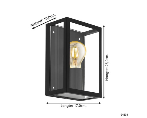 Schwarze Wandleuchte mit Glühbirne und Abmessungen
