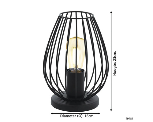 Lampe de table noire avec cadre en fil de fer et dimensions : hauteur 23 cm, diamètre 16 cm.