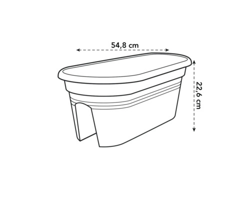 Image d'une jardinière de balcon mesurant 54,8 cm de large et 22,6 cm de haut.