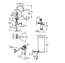 Technische Zeichnung eines Wasserhahns mit Maßangaben