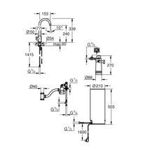 Technische Zeichnung eines Wasserhahns mit Bemaßung