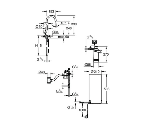 Technische Zeichnung eines Wasserhahns mit Bemaßung