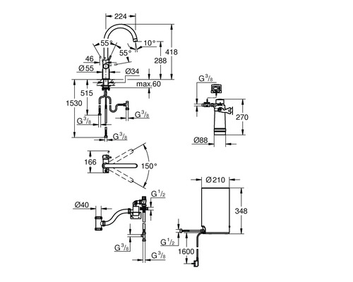 Technische Zeichnung einer Armatur mit Maßangaben