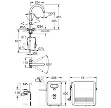 Schéma technique d'un robinet avec filtre, bouteille de CO2 et refroidisseur avec dimensions