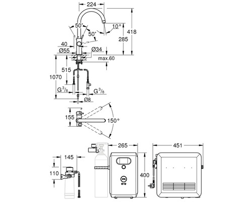 Schéma technique d'un robinet avec filtre, bouteille de CO2 et refroidisseur avec dimensions