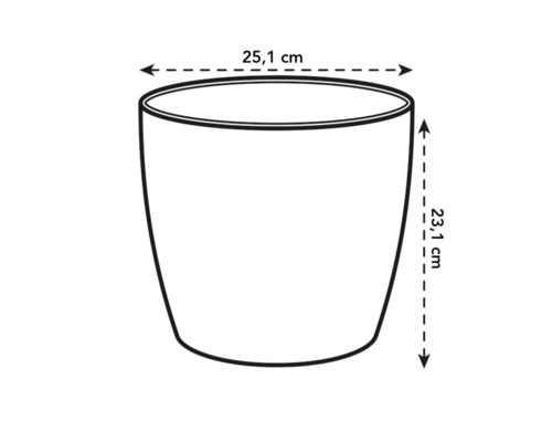 Abmessungen eines Pflanzgefäßes: 25,1 cm breit, 23,1 cm hoch