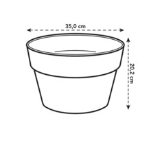 Schéma d'un pot de fleurs avec des dimensions de 35,0 cm de large et 20,2 cm de haut.
