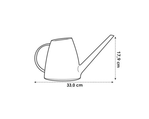 Schéma d'un arrosoir avec indication des dimensions : 33,0 cm de longueur et 17,9 cm de hauteur