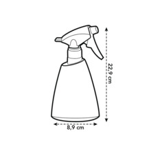 Sprühflasche mit den Maßen 22,9 cm Höhe und 8,9 cm Breite als Strichzeichnung.