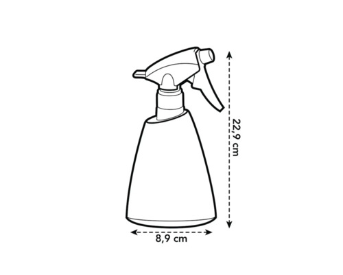 Sprühflasche mit den Maßen 22,9 cm Höhe und 8,9 cm Breite als Strichzeichnung.