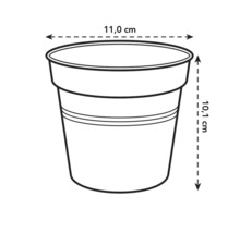 Illustration d'un pot de fleurs mesurant 11,0 cm de diamètre et 10,1 cm de hauteur.