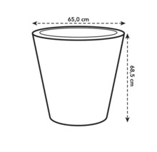 Schéma d'un pot de fleurs avec des dimensions de 65,0 cm de largeur et 68,5 cm de hauteur