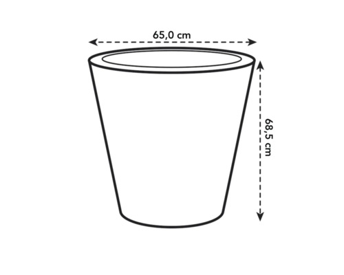 Schéma d'un pot de fleurs avec des dimensions de 65,0 cm de largeur et 68,5 cm de hauteur