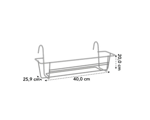 Abbildung eines Blumenkastenhalters aus Metall mit den Maßen 40,0 cm x 20,0 cm x 25,9 cm.
