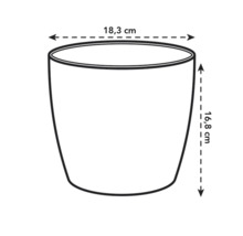 Schéma d'un pot de fleurs avec des dimensions de 18,3 cm de largeur et 16,8 cm de hauteur.