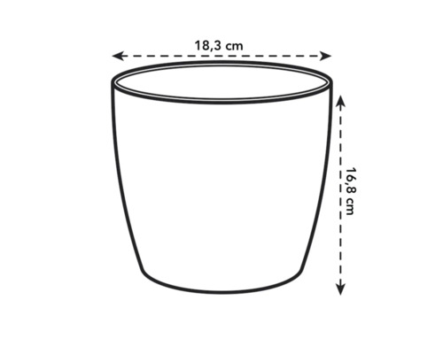 Schéma d'un pot de fleurs avec des dimensions de 18,3 cm de largeur et 16,8 cm de hauteur.