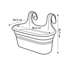 Abmessungen eines Balkonkastens: 26,2 cm breit, 36,2 cm lang und 25,7 cm hoch.