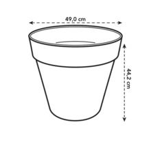 Schéma d'un pot de fleurs mesurant 49,0 cm de large et 44,2 cm de haut.