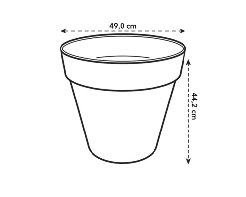 Schéma d'un pot de fleurs mesurant 49,0 cm de large et 44,2 cm de haut.
