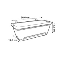 Image d'une jardinière avec support et dimensions : 50,0 cm de longueur, 15,6 cm de hauteur et 19,5 cm de largeur.