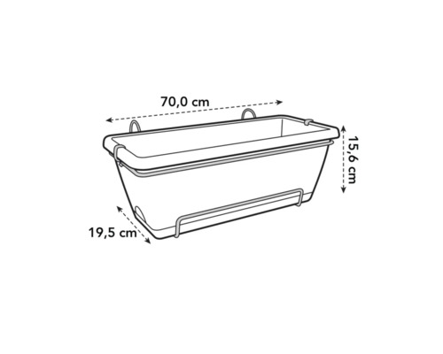 Image d'une jardinière aux dimensions suivantes : 70,0 cm de long, 19,5 cm de large et 15,6 cm de haut.