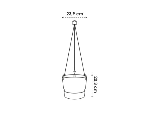 Abbildung eines Hängetopf mit den Maßen 23,9 cm und 20,3 cm.