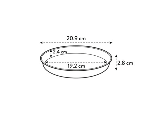 Skizze einer runden Pflanzschale mit den Maßen 20,9 cm Durchmesser, 2,4 cm Randhöhe und 2,8 cm Gesamthöhe.