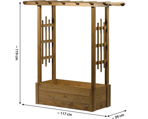 Jardinière en bois avec support grimpant, environ 119 cm de haut, environ 117 cm de large et environ 39 cm de profondeur