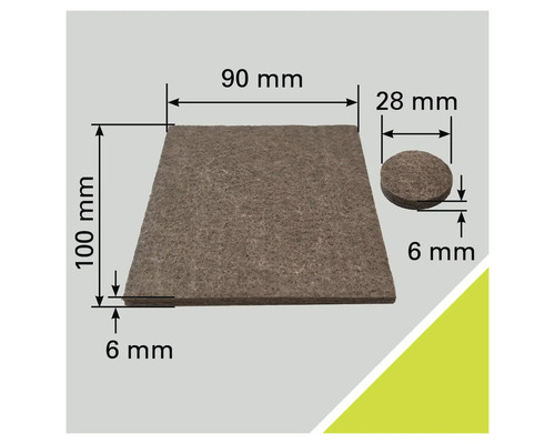 Filzgleiter Set mit den Massen 90 Millimeter mal 100 Millimeter und 28 Millimeter Durchmesser, 6 Millimeter dick