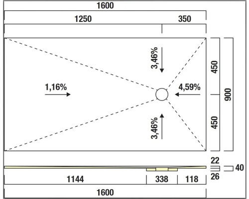 Schéma technique d'un receveur de douche avec dimensions