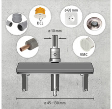 Scie cloche avec divers composants tels qu'une boîte de raccordement de plafond DCL, une prise de courant, un ventilateur VMC et des tuyaux