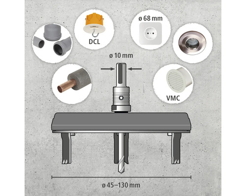 Scie cloche avec divers composants tels qu'une boîte de raccordement de plafond DCL, une prise de courant, un ventilateur VMC et des tuyaux