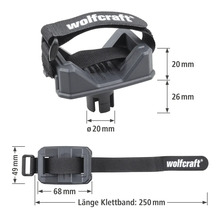 Support de perceuse Wolfcraft avec bande velcro et indications de dimensions