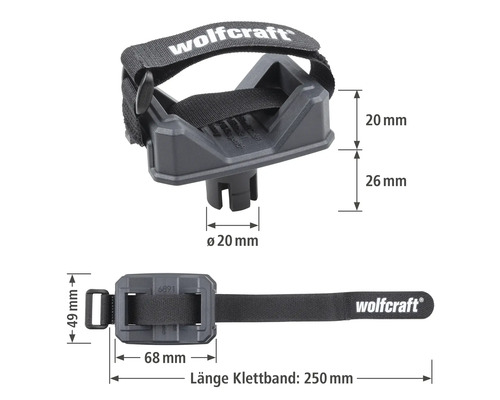 Support de perceuse Wolfcraft avec bande velcro et indications de dimensions