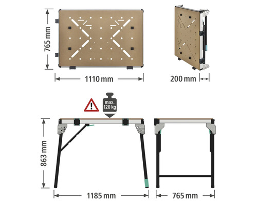 Technische Zeichnung eines Arbeitstisches mit Maßangaben