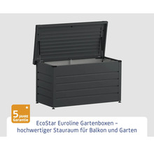 Geöffnete graue Gartenbox mit fünf Jahren Garantie für den Aussenbereich