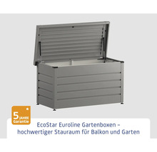 Geöffnete graue Gartenbox zur Aufbewahrung mit fünf Jahren Garantie