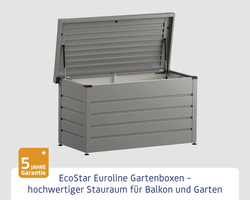 Geöffnete graue Gartenbox zur Aufbewahrung mit fünf Jahren Garantie