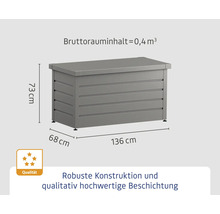 Gartentruhe mit den Maßen 136 cm mal 68 cm mal 73 cm und einem Bruttorauminhalt von 0,4 Kubikmetern