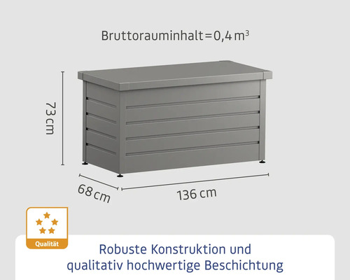 Gartentruhe mit den Maßen 136 cm mal 68 cm mal 73 cm und einem Bruttorauminhalt von 0,4 Kubikmetern